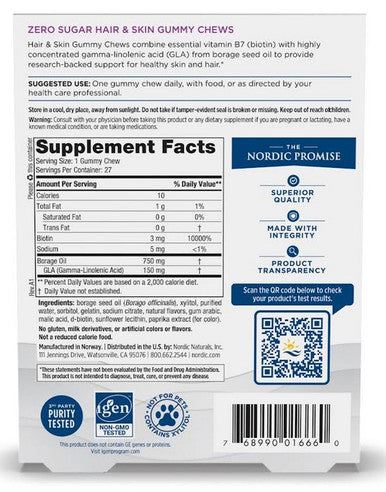 Nordic Naturals Hair & Skin (zero sugar)(Strawberry/Watermelon) 27 gummy chews