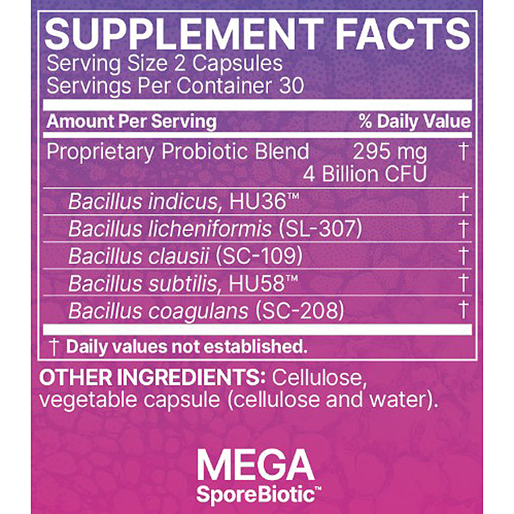 A close-up of a supplement facts label for MEGA SporeBiotic, showing a purple and magenta background with white text detailing the proprietary probiotic blend and bacterial strains.