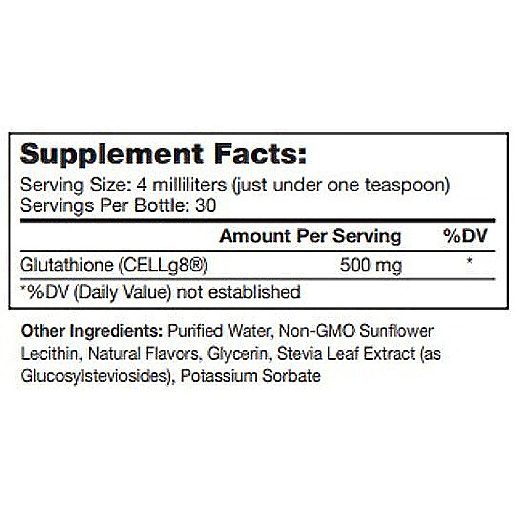 Supplement facts label for a product with glutathione content on a white background