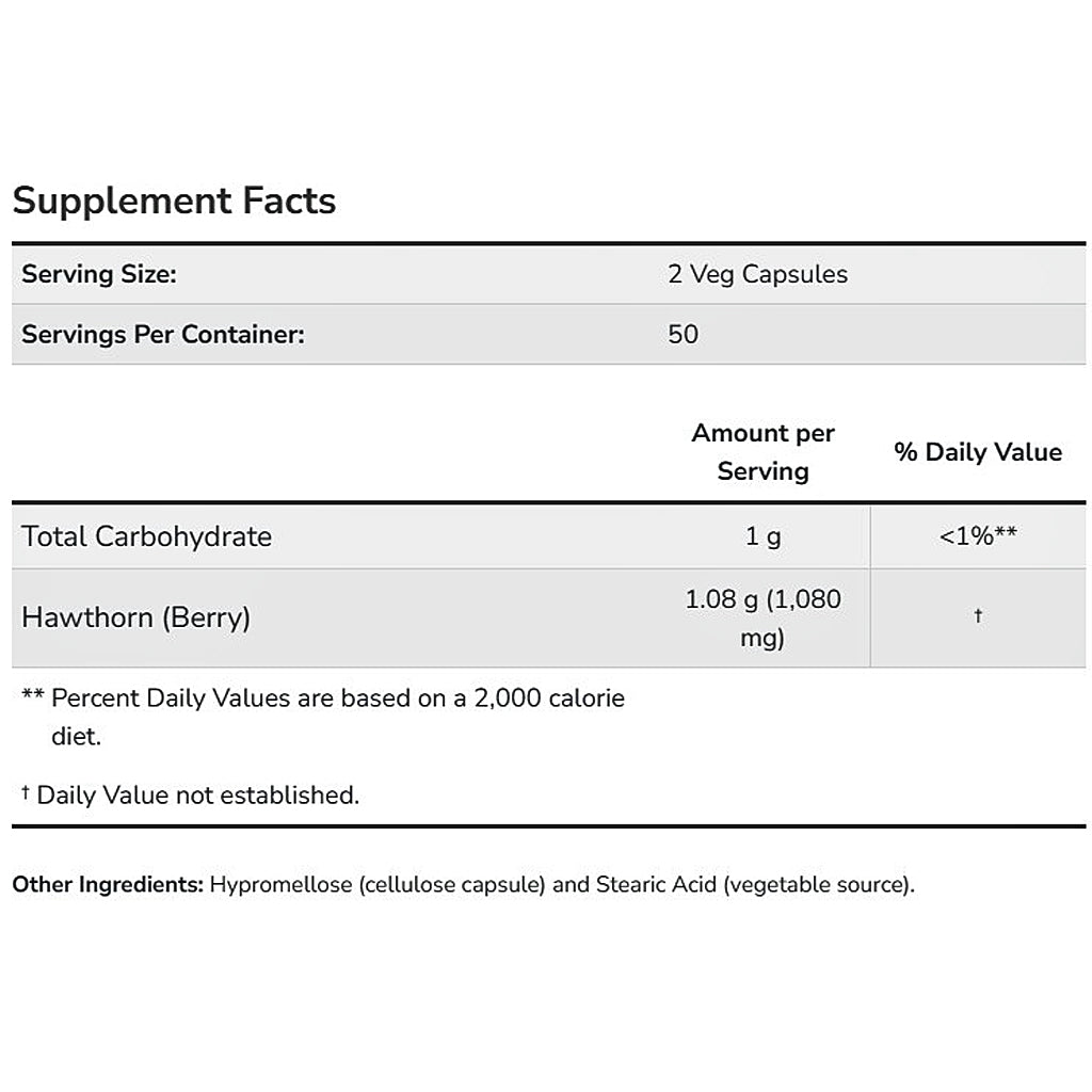 A supplement facts table with text about serving size, servings per container, and amount per serving for total carbohydrate and hawthorn (berry), on a white background.