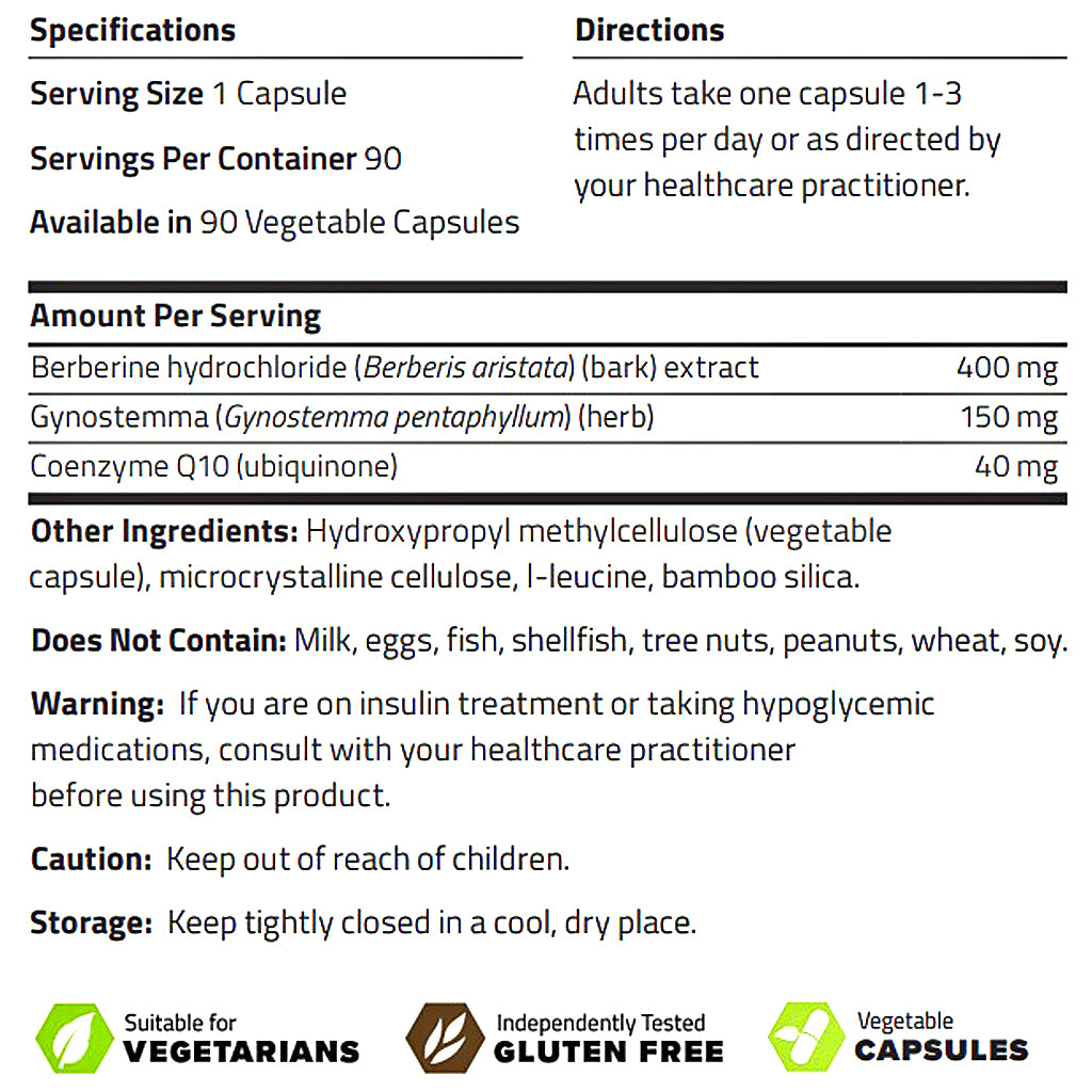 A product information card with black text on a white background detailing specifications, directions, amount per serving, ingredients, warnings, and suitability badges for vegetarians and gluten-free.