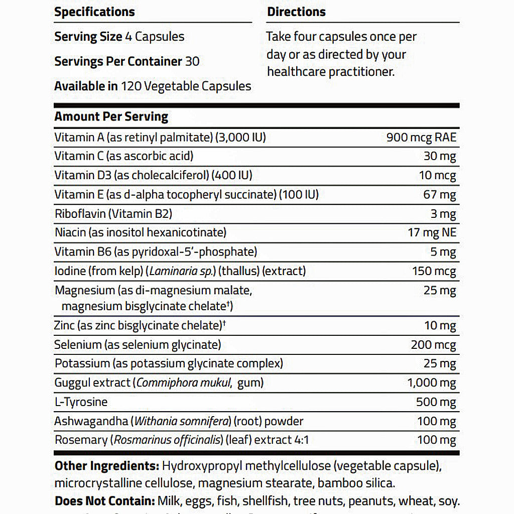 A black and white supplement facts and directions label showing serving size, directions, and a detailed list of ingredients and their daily values.