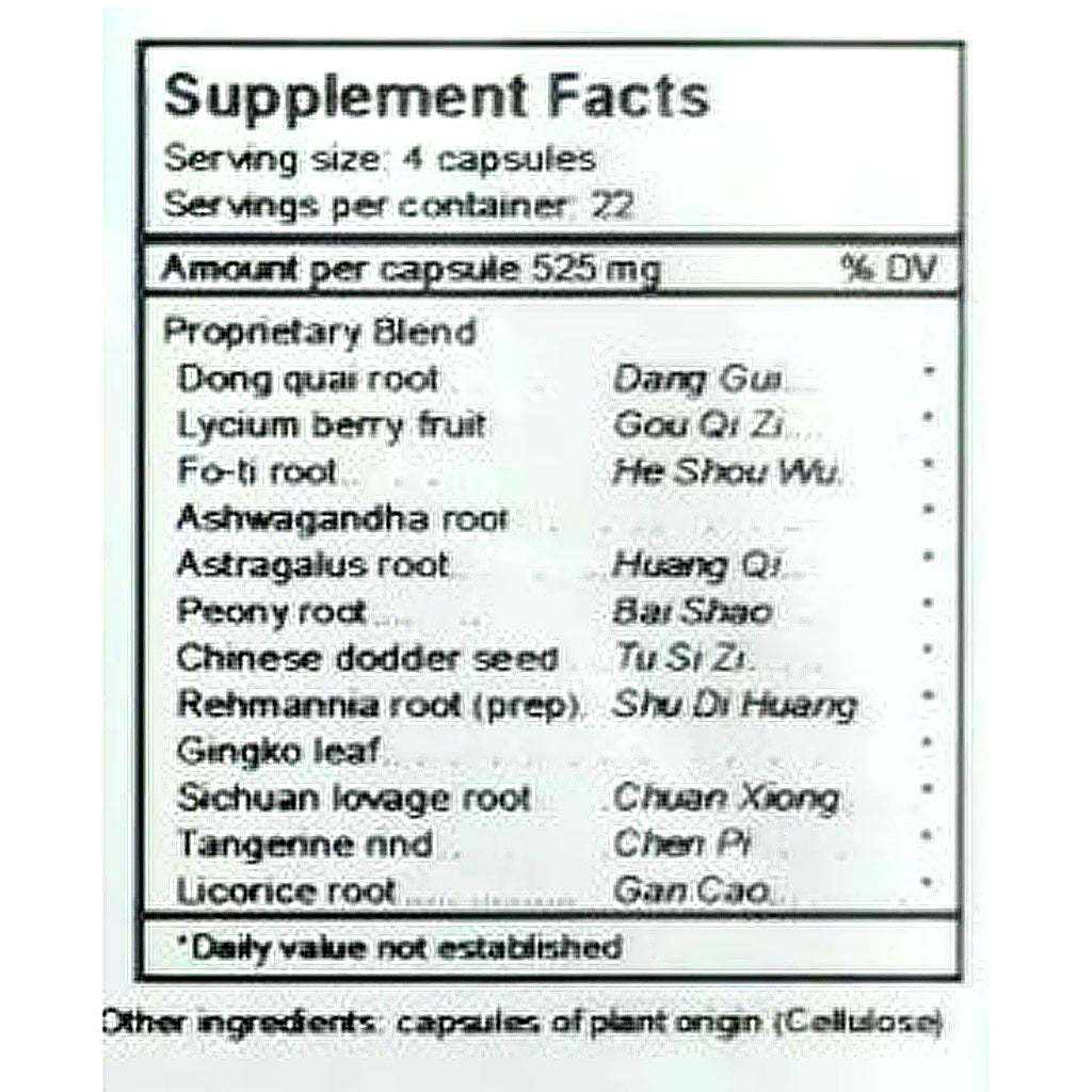 Supplement facts label with various herbal ingredients listed
