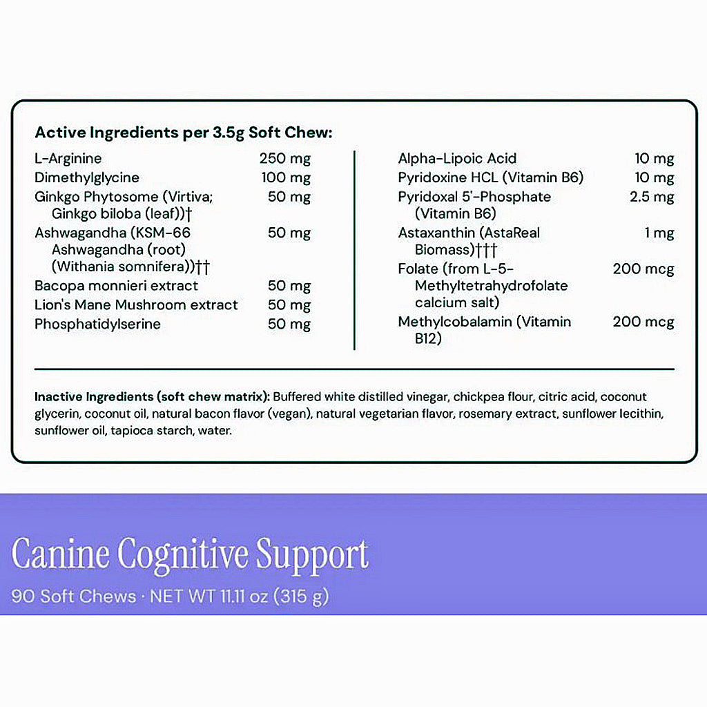 A supplement facts label for Canine Cognitive Support soft chews, showing active ingredients and inactive ingredients per 3.5g soft chew, with a purple footer stating 90 Soft Chews and NET WT 1.