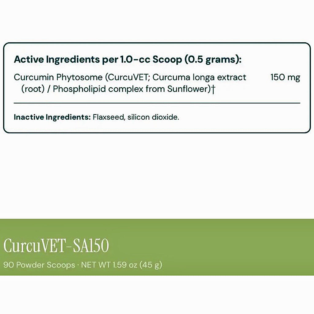 A product information card for CurcuVET-SA150 showing active ingredients per 1.0-cc scoop (0.