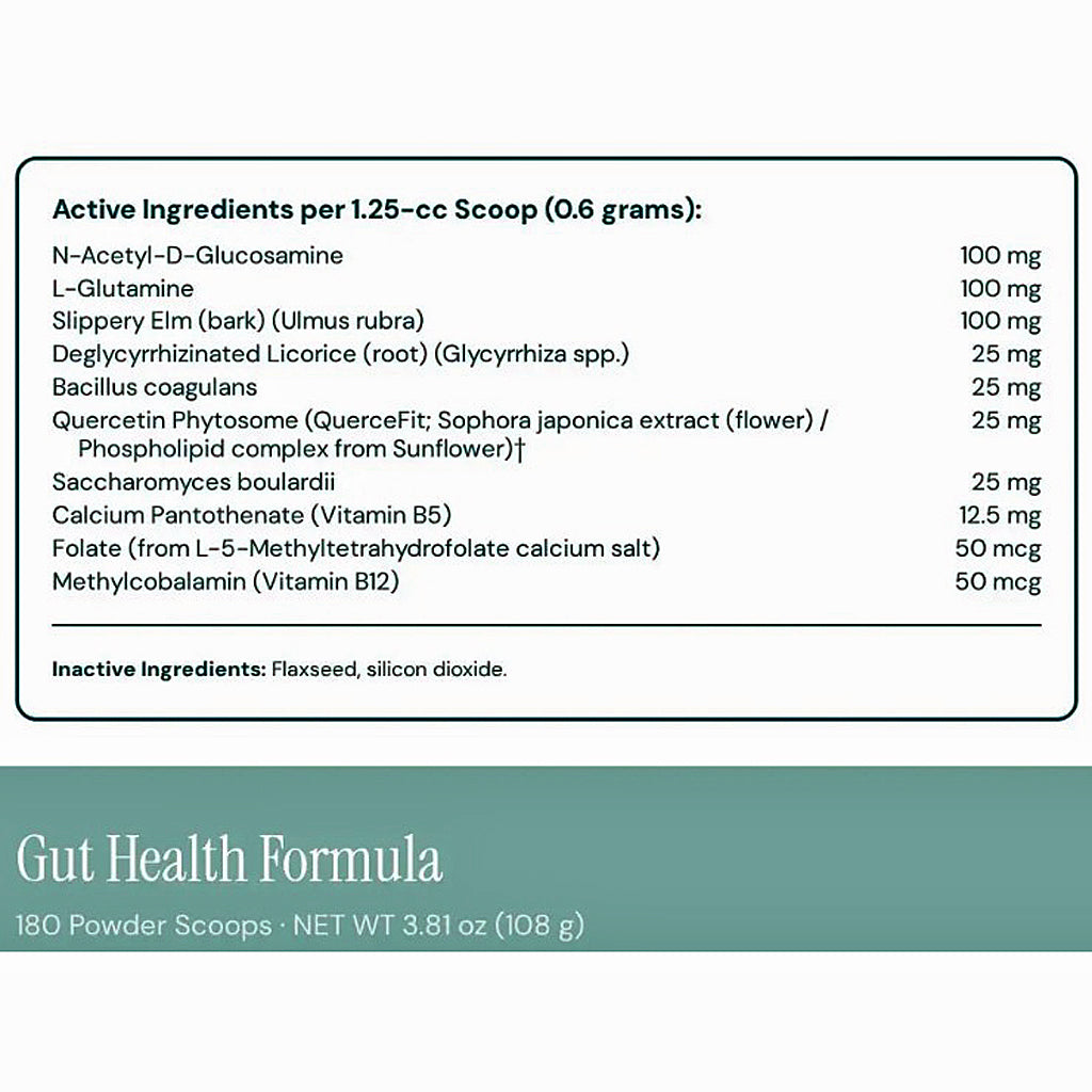 A supplement facts panel for Gut Health Formula showing active ingredients per 1.25-cc scoop (0.