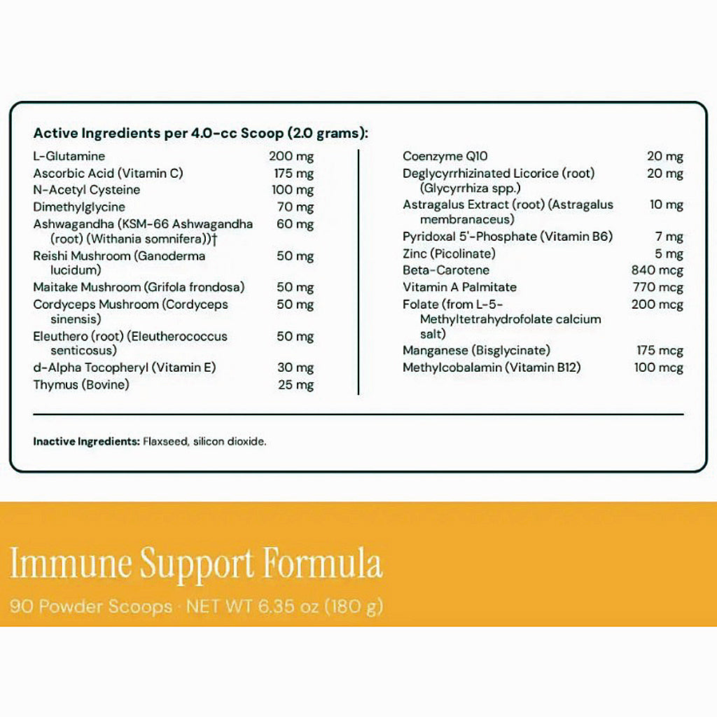 A supplement facts panel and label design for Immune Support Formula powder. The top section shows a black-bordered nutrition-style ingredient table with active ingredients and amounts in mg, on a white background.