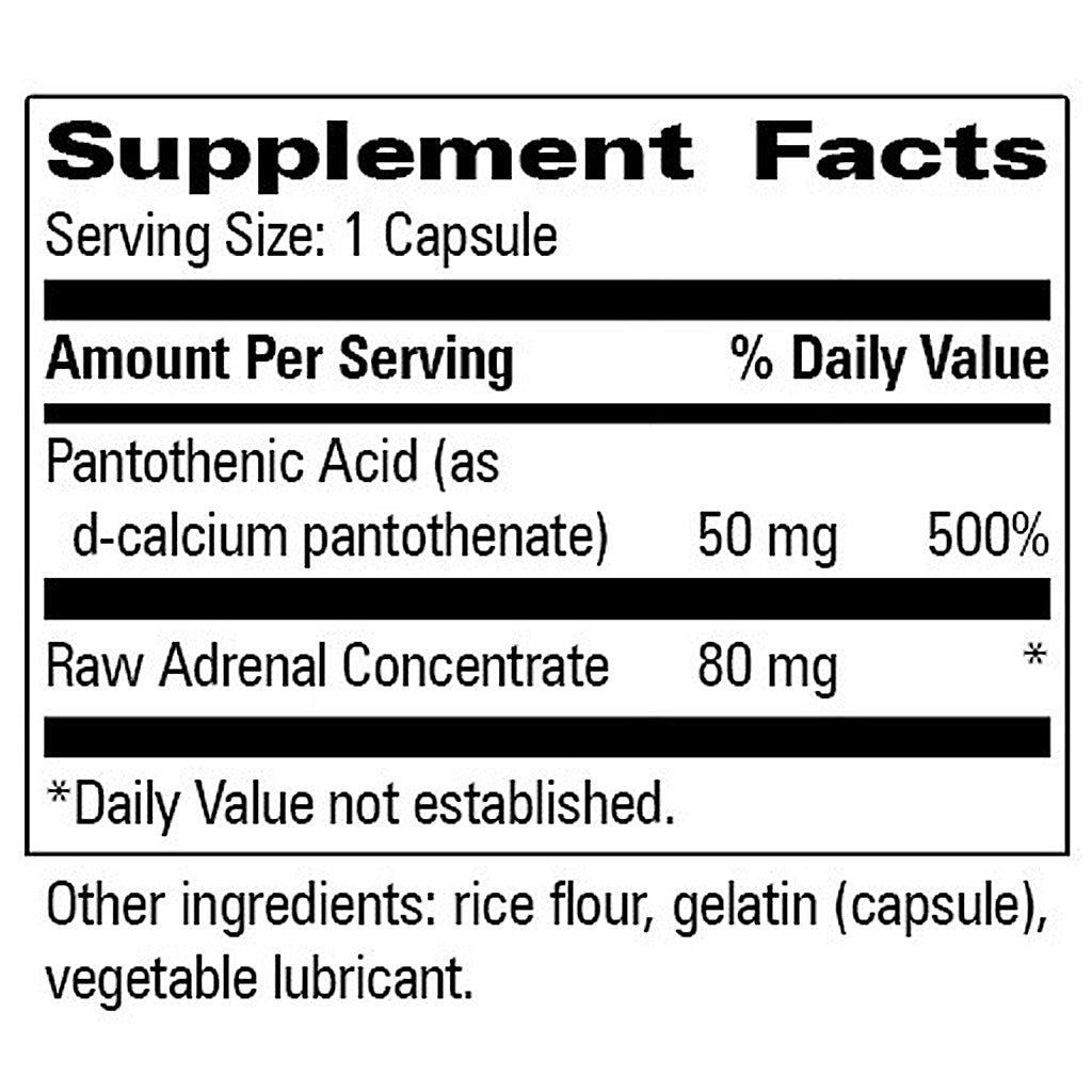 Supplement facts label with pantothenic acid and raw adrenal concentrate on a white background