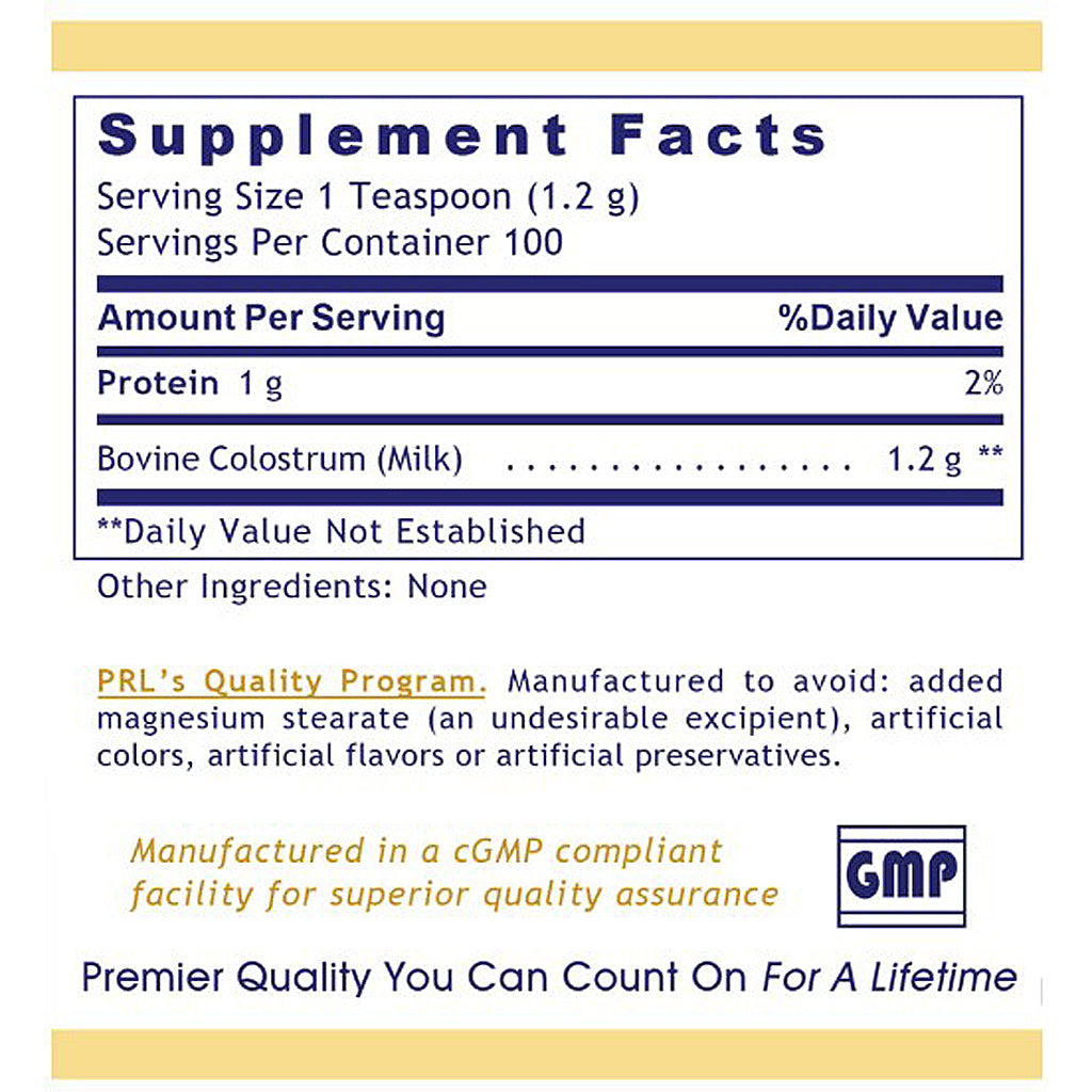 Supplement facts label for a product with protein content and GMP certification.