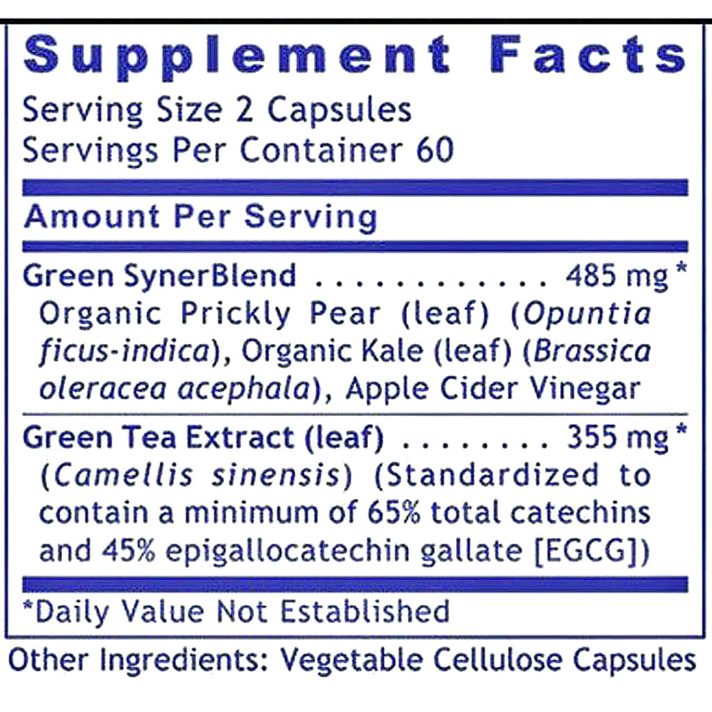 A close-up of a supplement facts label with blue text on a white background. The label reads 'Supplement Facts' and lists serving size 2 capsules, servings per container 60, and ingredients including Green SynerBlend, Green Tea Extract, Organic Prickly Pear, Organic Kale, and Apple Cider Vinegar.