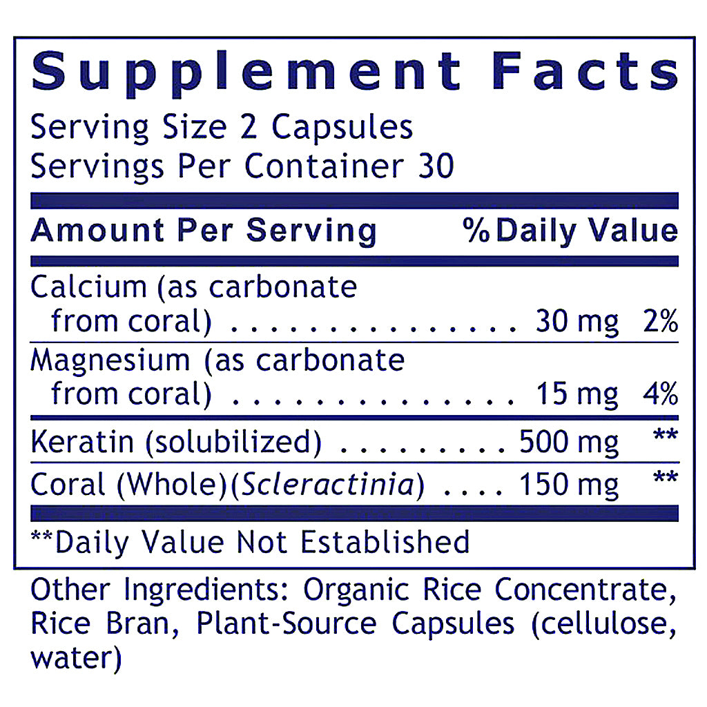 A close-up of a supplement facts label showing ingredients and daily value information for coral-derived supplements, including calcium, magnesium, keratin, and coral.