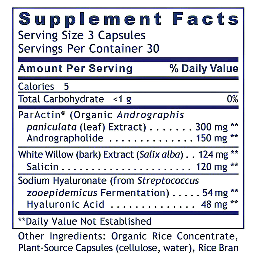 A close-up of a supplement facts label showing the supplement name ParActin, with ingredients listed including Andrographis paniculata leaf extract, Salicin, Salix alba bark extract, Sodium Hyaluronate, and Hyaluronic Acid.
