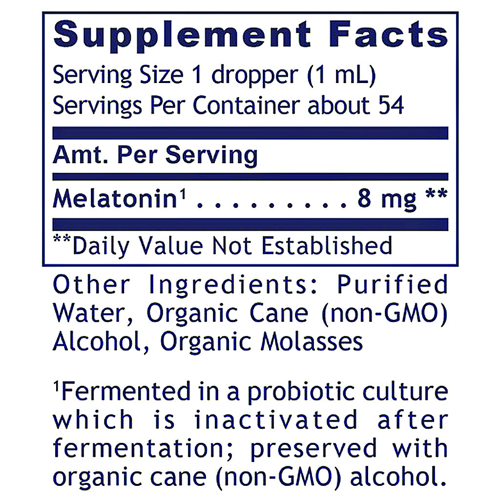 A Supplement Facts label showing melatonin content and other ingredients, with navy blue text and lines on a white background.