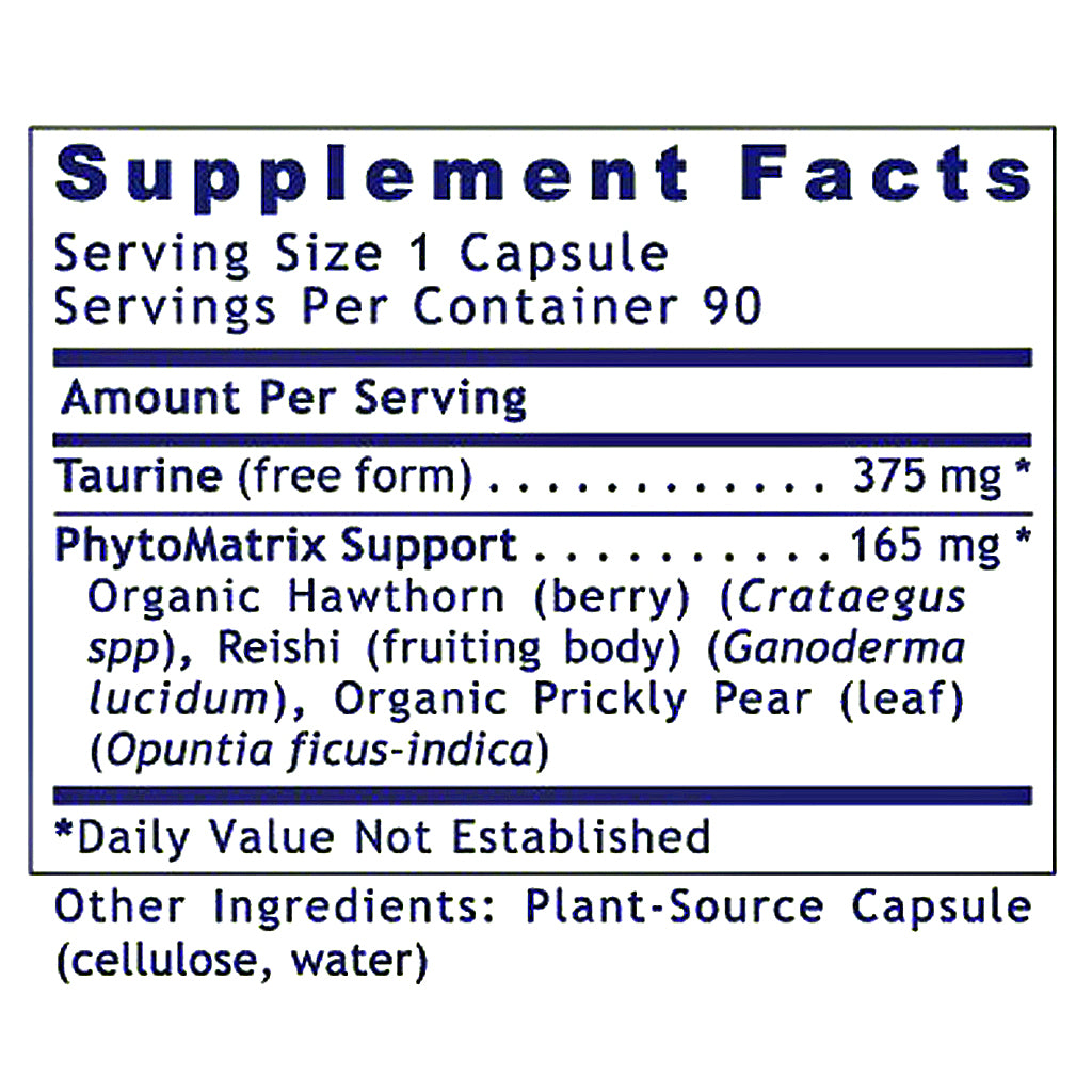 A supplement facts label with a white background and dark blue text, showing serving size 1 capsule, 90 servings per container, and ingredients including Taurine and PhytoMatrix Support.