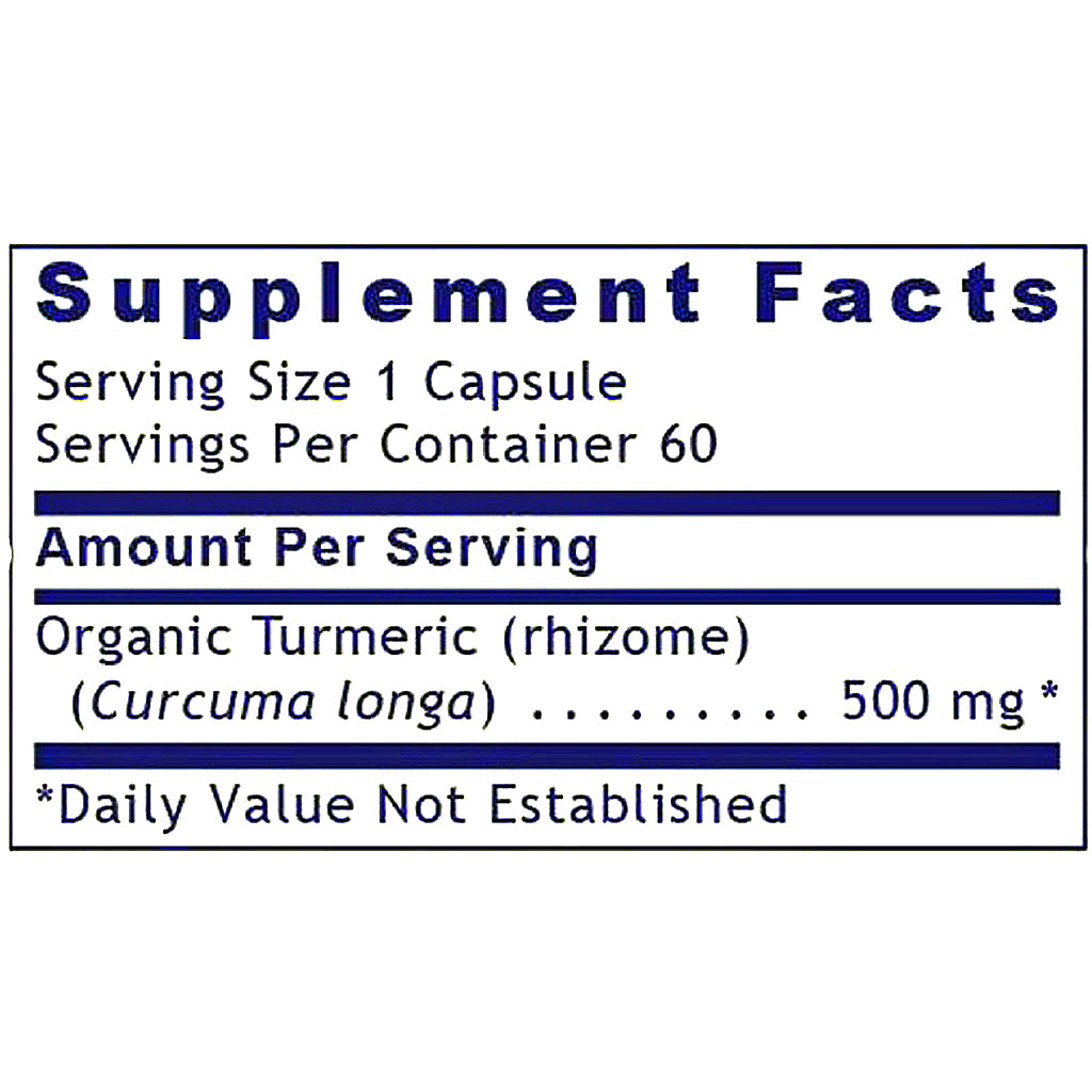 A supplement facts label showing text for a capsule product with organic turmeric (curcuma longa) 500 mg, on a white background.