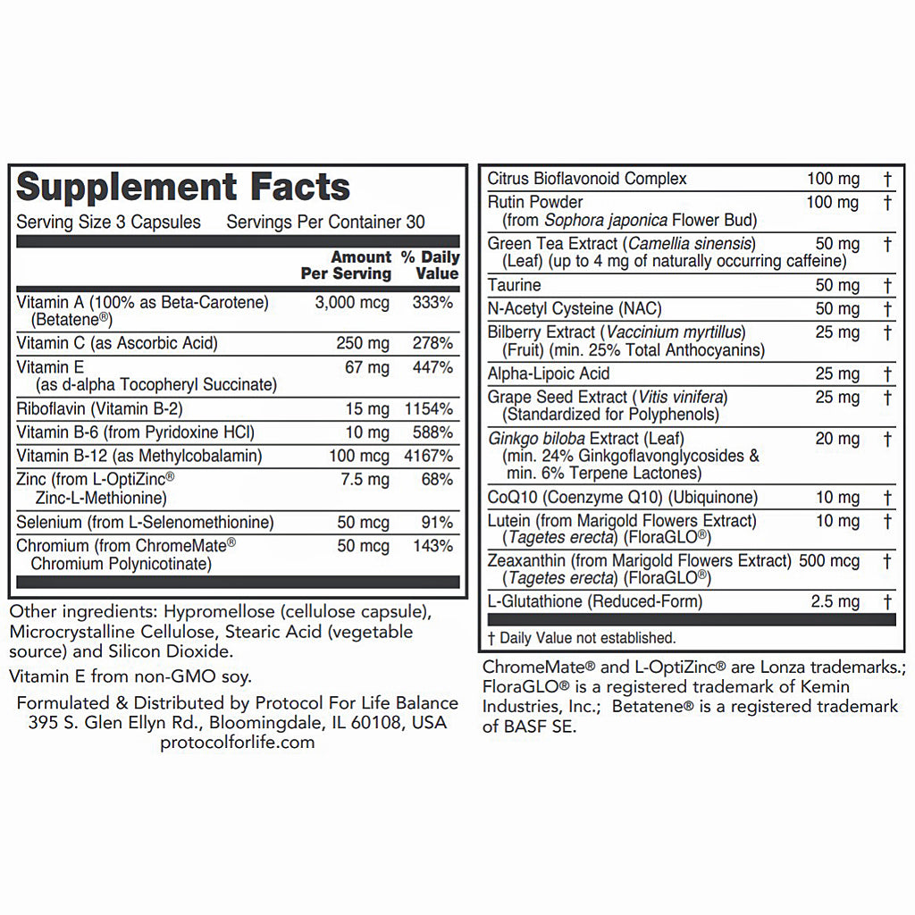 Supplement facts label with various nutrients listed on a white background