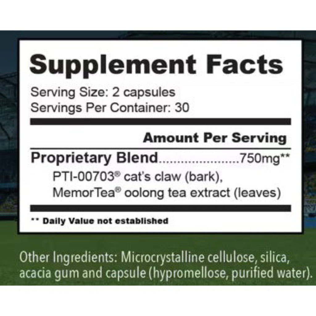 Percepta Sport supplement label displaying key ingredients, including Cat’s Claw and Oolong Tea extract, designed for brain health support.