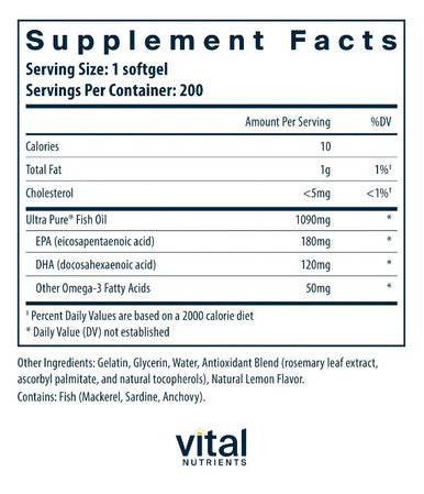 Vital Nutrients Ultra Pure Fish Oil 350 200sg Lemon Flavor