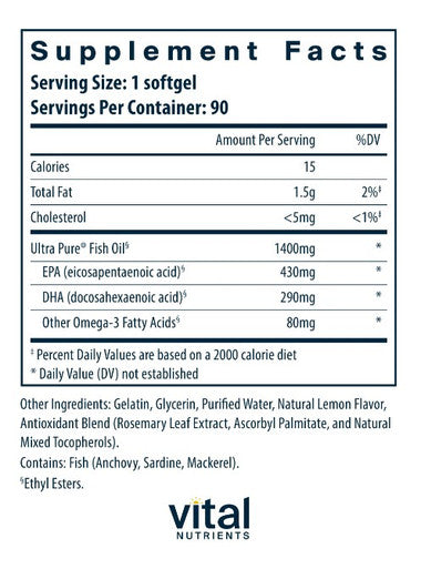 Vital Nutrients Ultra Pure Fish Oil 800 90sg lemon flavored