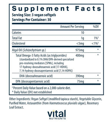 Vital Nutrients Ultra Pure Vegan Omega SPM+ 90 vegan softgels