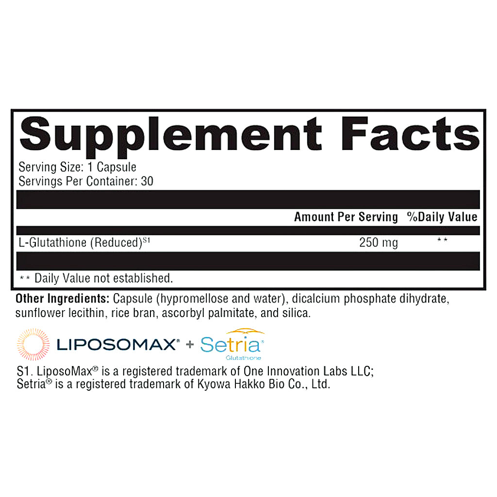 A Supplement Facts label from a dietary supplement bottle, showing serving size, daily value information for L-Glutathione (Reduced) at 250 mg, and other ingredients. Brand logos for Liposomax and Setria are visible at the bottom on a white background.