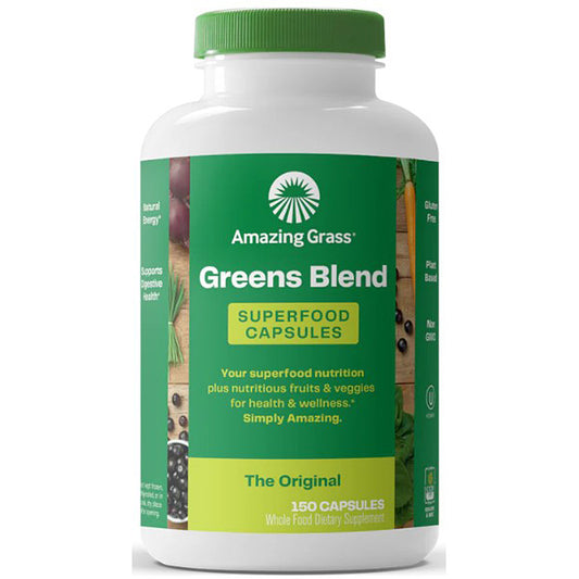 Bottle of Amazing Grass Greens Blend Superfood Capsules on a white background
