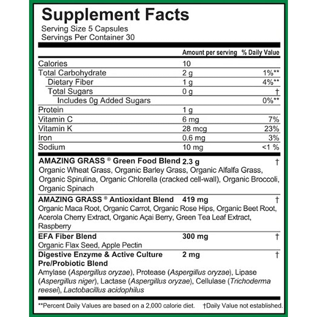 Supplement facts label for a green food blend with detailed nutritional information.