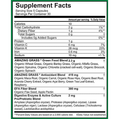 Supplement facts label for a green food blend with detailed nutritional information.