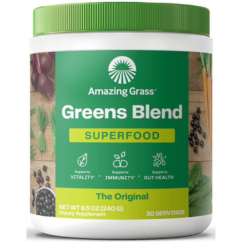 Container of Amazing Grass Greens Blend Superfood on a white background