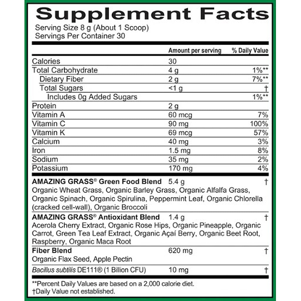 Supplement facts label for a green food blend with detailed nutritional information.