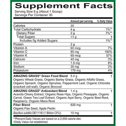 Supplement facts label for a green food blend with detailed nutritional information.