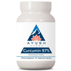Supplement bottle labeled 'Ayush Herbs Curcumin 97%' on a white background