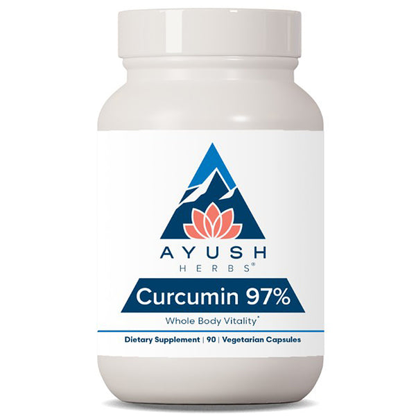 Supplement bottle labeled 'Ayush Herbs Curcumin 97%' on a white background
