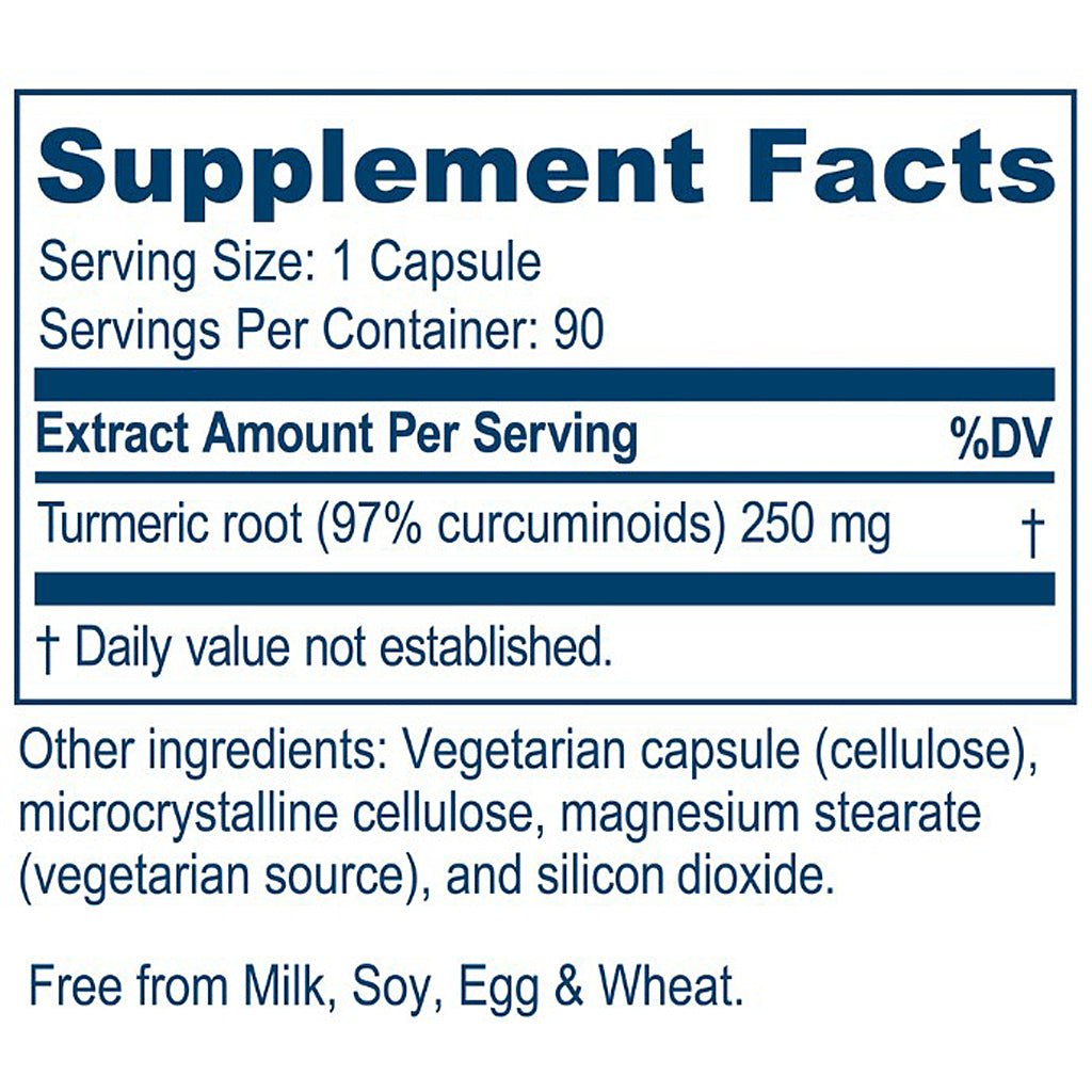 Supplement facts label for a turmeric root supplement on a white background