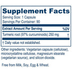 Supplement facts label for a turmeric root supplement on a white background