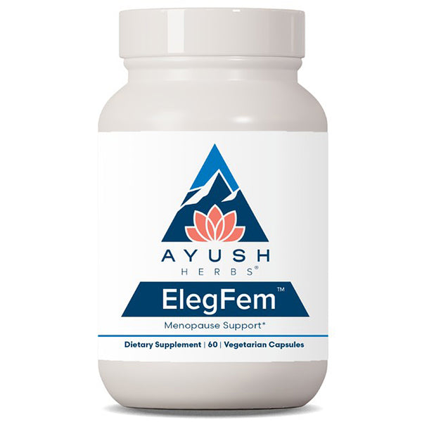Supplement bottle labeled 'ElegFem' by Ayush Herbs on a white background