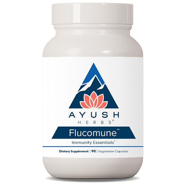 Ayush Herbs Flucomune dietary supplement bottle on a white background