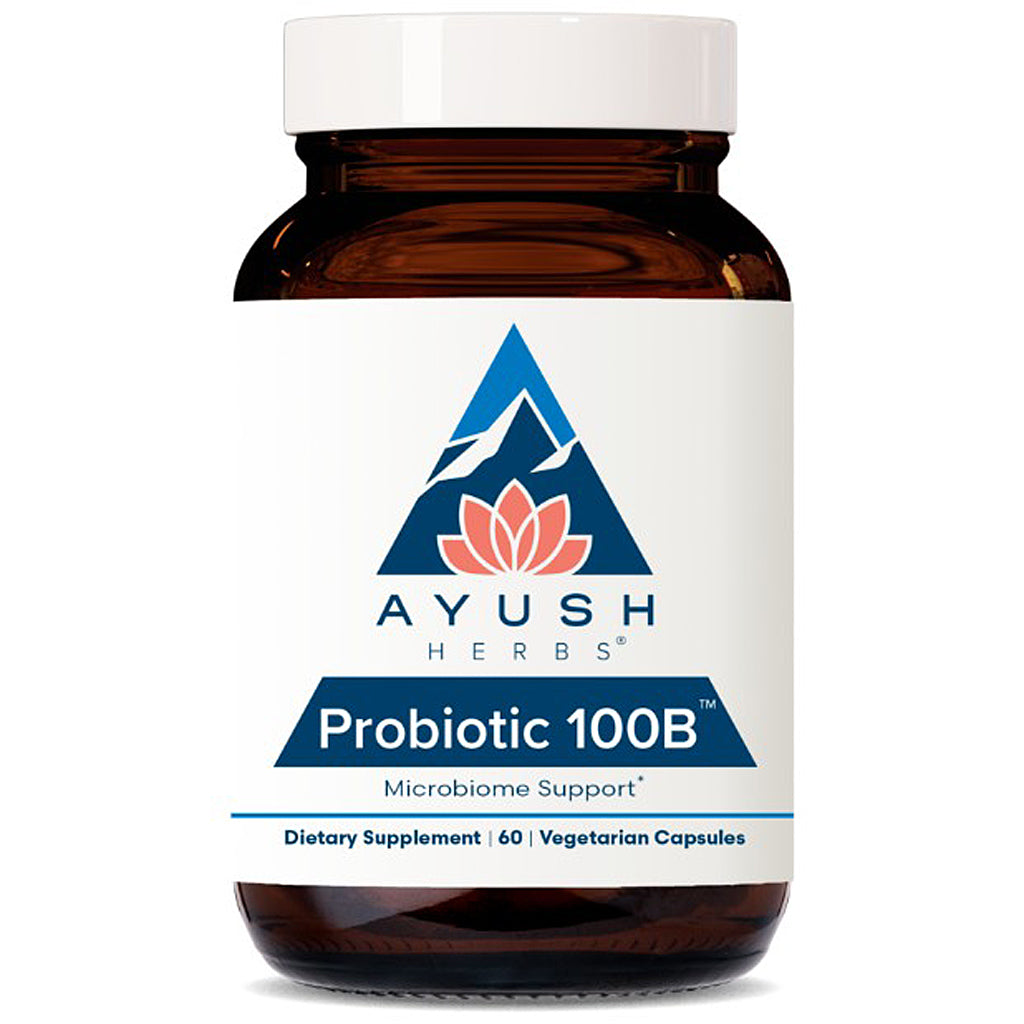 Ayush Herbs Probiotic 100B supplement bottle on a white background