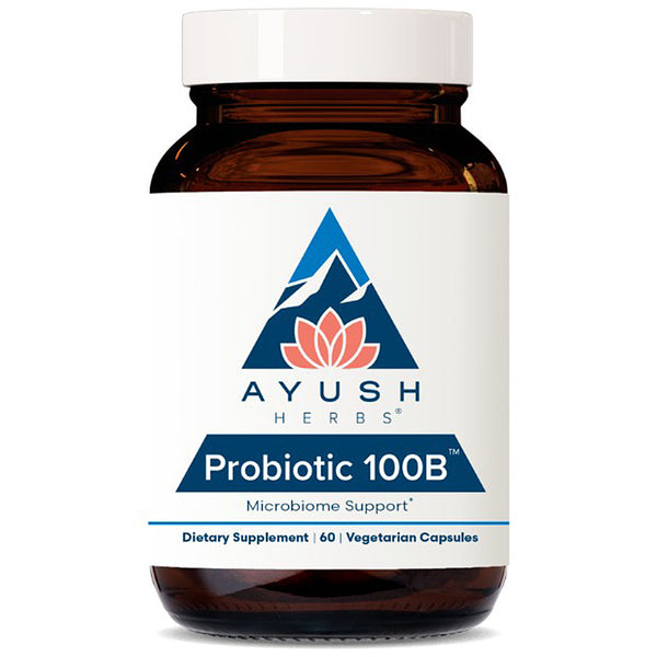 Ayush Herbs Probiotic 100B supplement bottle on a white background