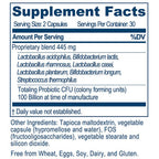 Supplement facts label with detailed information on ingredients and serving size.