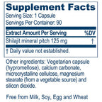 Supplement facts label for a capsule product with Shilajit mineral pitch and other ingredients listed.