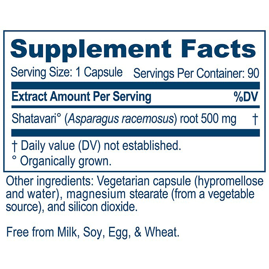 Supplement facts label for a capsule with Shatavari extract on a white background