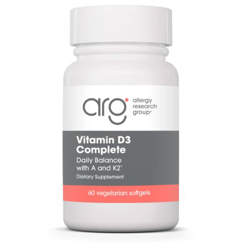 A bottle of Allergy Research Group Vitamin D3 Complete, containing 60 vegetarian softgels.