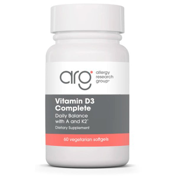 A bottle of Allergy Research Group Vitamin D3 Complete, containing 60 vegetarian softgels.