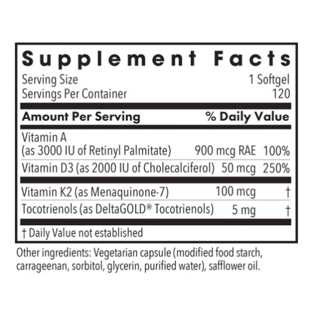 Supplement facts label with vitamins and their amounts per serving