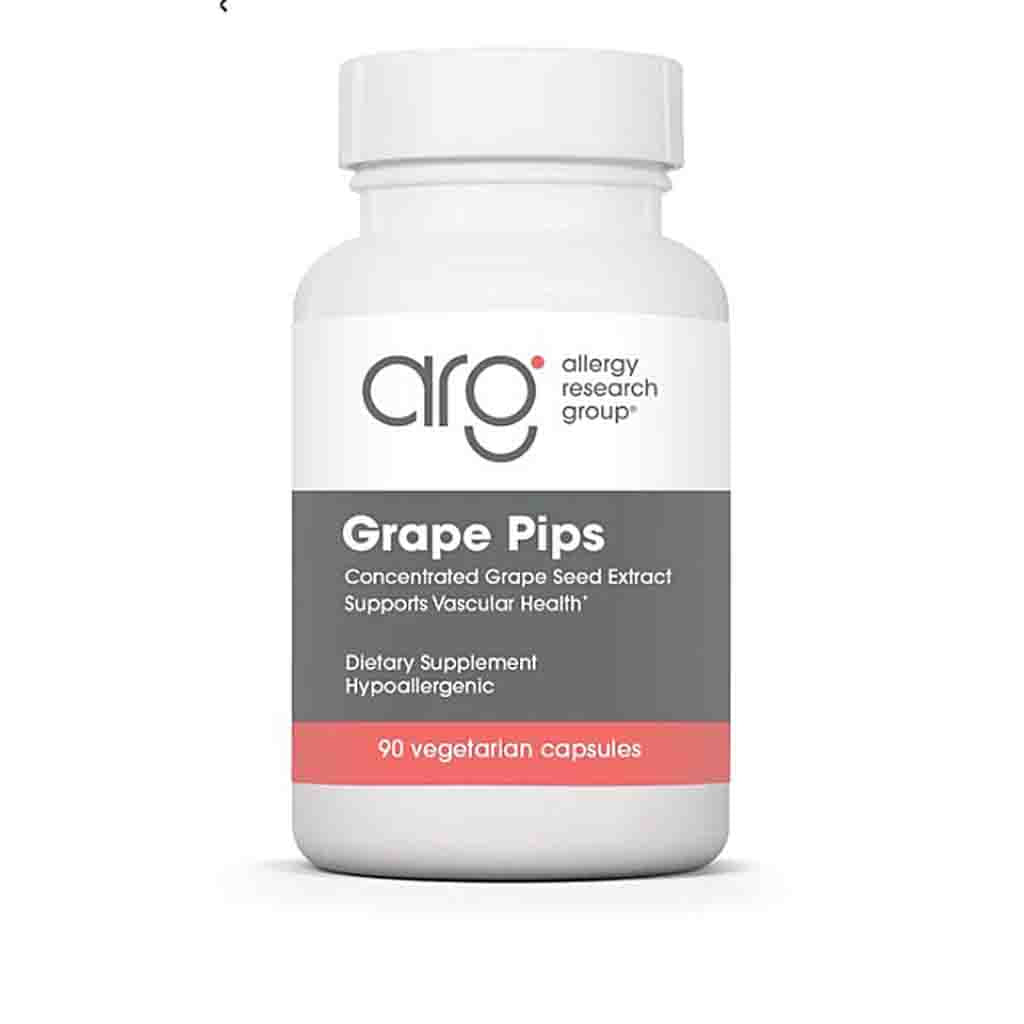 A white plastic bottle of Arg Allergy Research Group Grape Pips dietary supplement, featuring a white cap, a gray and white label with a coral pink band at the bottom, and text indicating 90 vegetarian capsules.