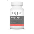 A white plastic bottle of Arg Allergy Research Group Grape Pips dietary supplement, featuring a white cap, a gray and white label with a coral pink band at the bottom, and text indicating 90 vegetarian capsules.