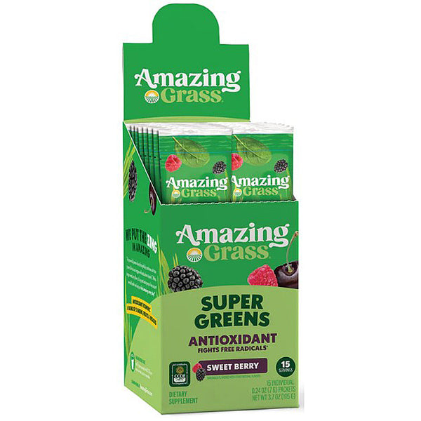 Display of Amazing Grass Super Greens Sweet Berry packaging on a white background
