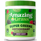 Container of Amazing Grass Super Greens Sweet Berry supplement on a white background
