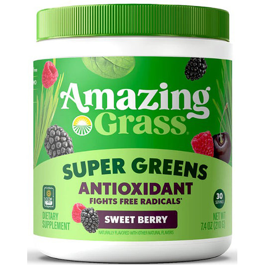 Container of Amazing Grass Super Greens Sweet Berry supplement on a white background